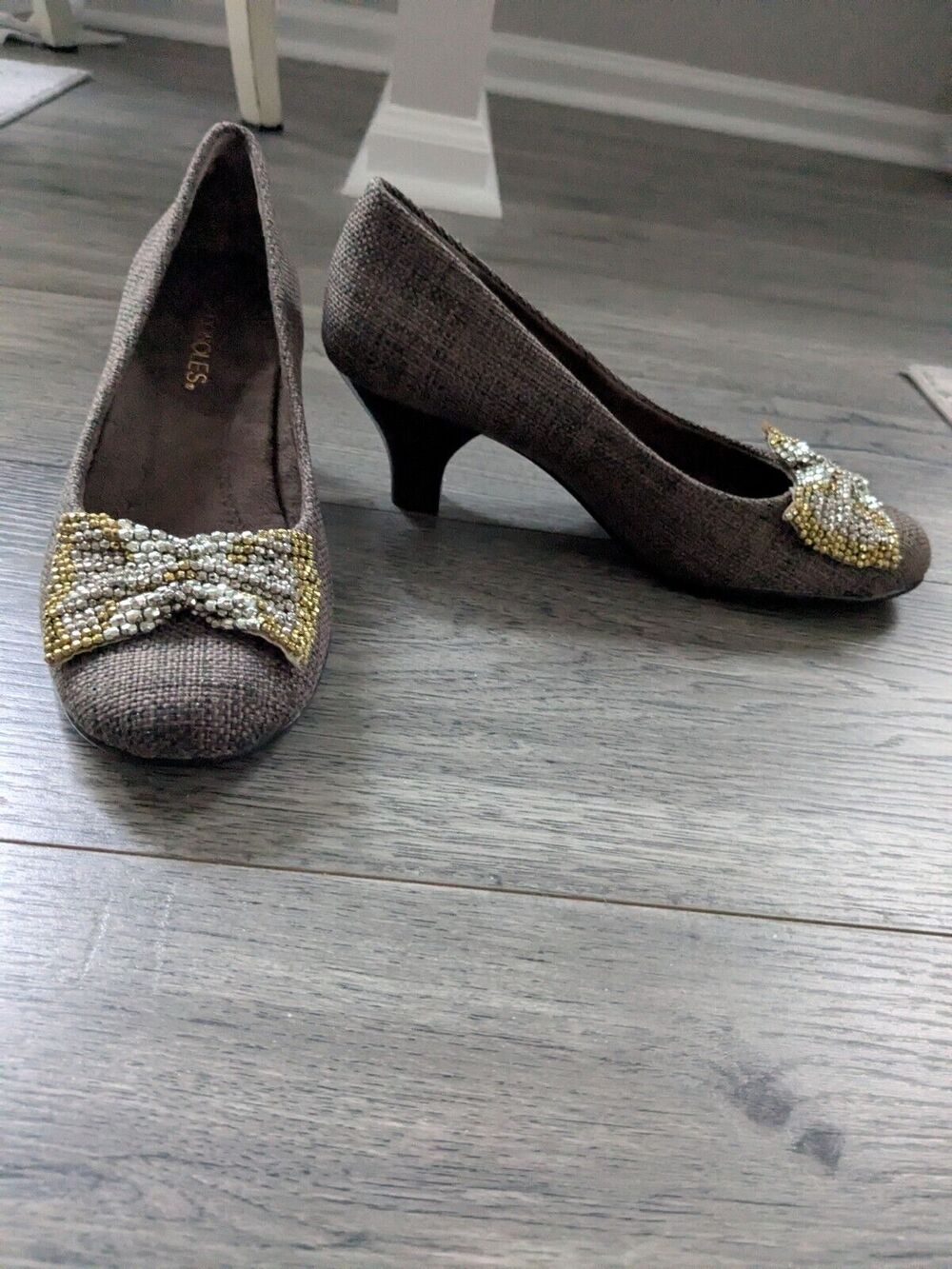Aerosoles Pumps Womens 8M Sunwise Heel Brown Tweed Metal Bow Shoes Dark Academia